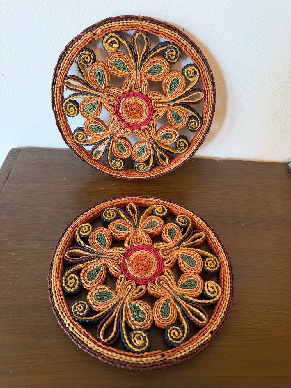 Handmade Woven Floral Wall Plates - Orange, Green, Yellow